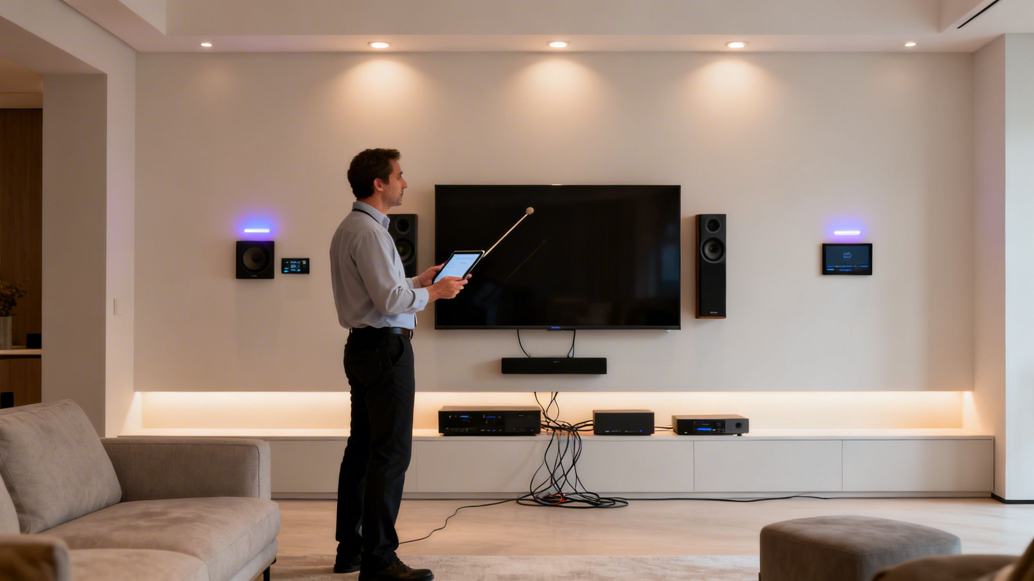Audio visual contractor calibrates a sophisticated home theater system with a tablet.