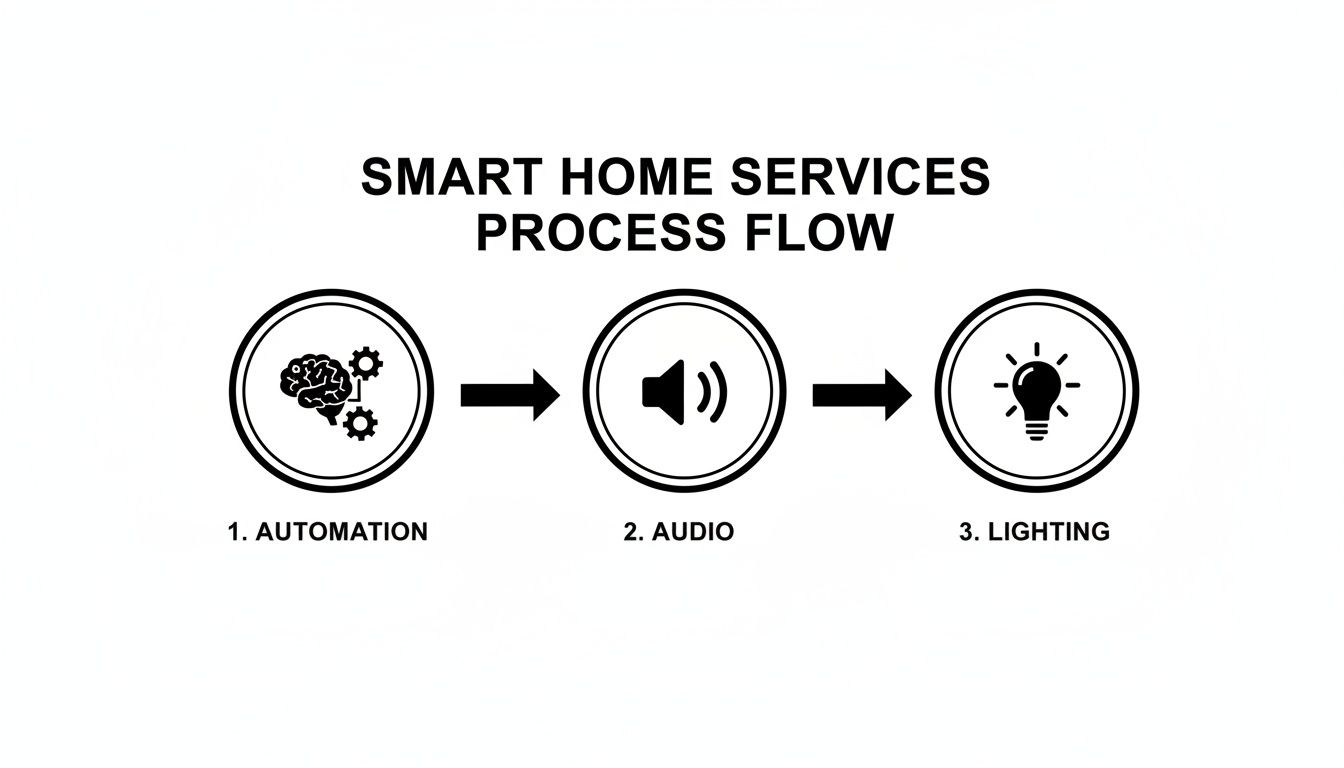 A flowchart illustrates the smart home services process flow, featuring automation, audio, and lighting.