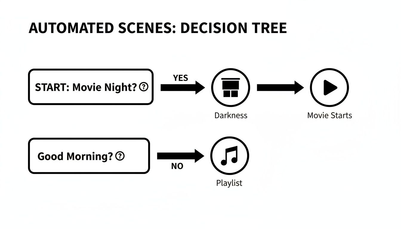 Flowchart illustrating automated home scenes: Movie Night triggers darkness and movie start; Good Morning can trigger a playlist.