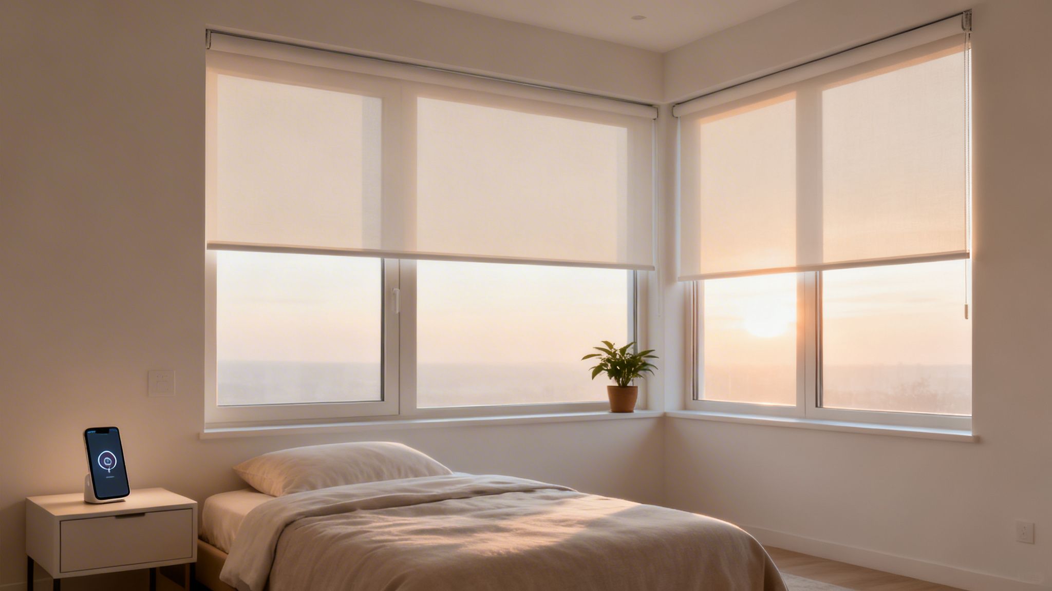 A modern bedroom with large windows featuring automated roller shades and a smartphone on a nightstand.