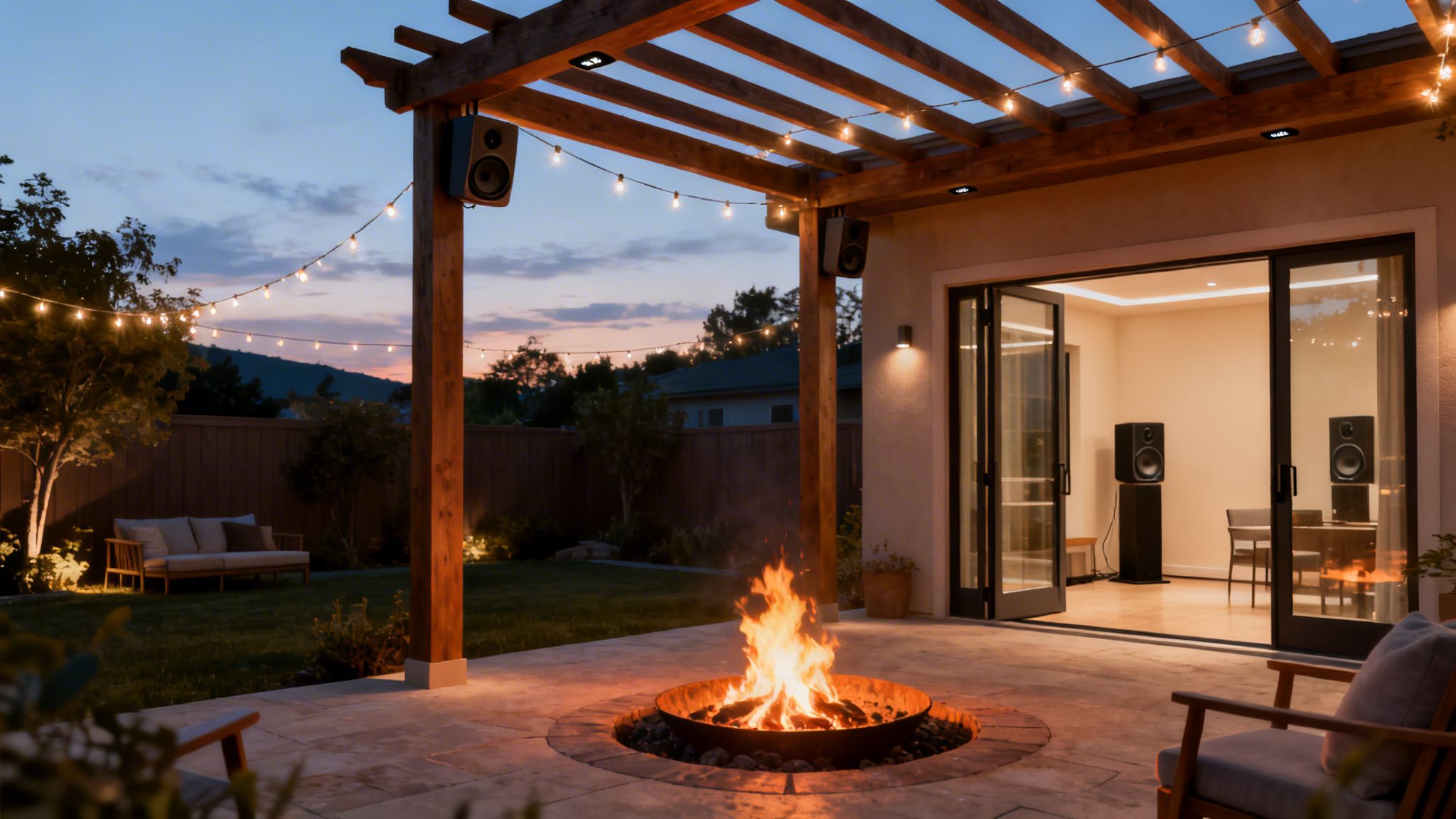 A modern backyard patio at dusk with a fire pit, string lights, outdoor, and indoor speakers.