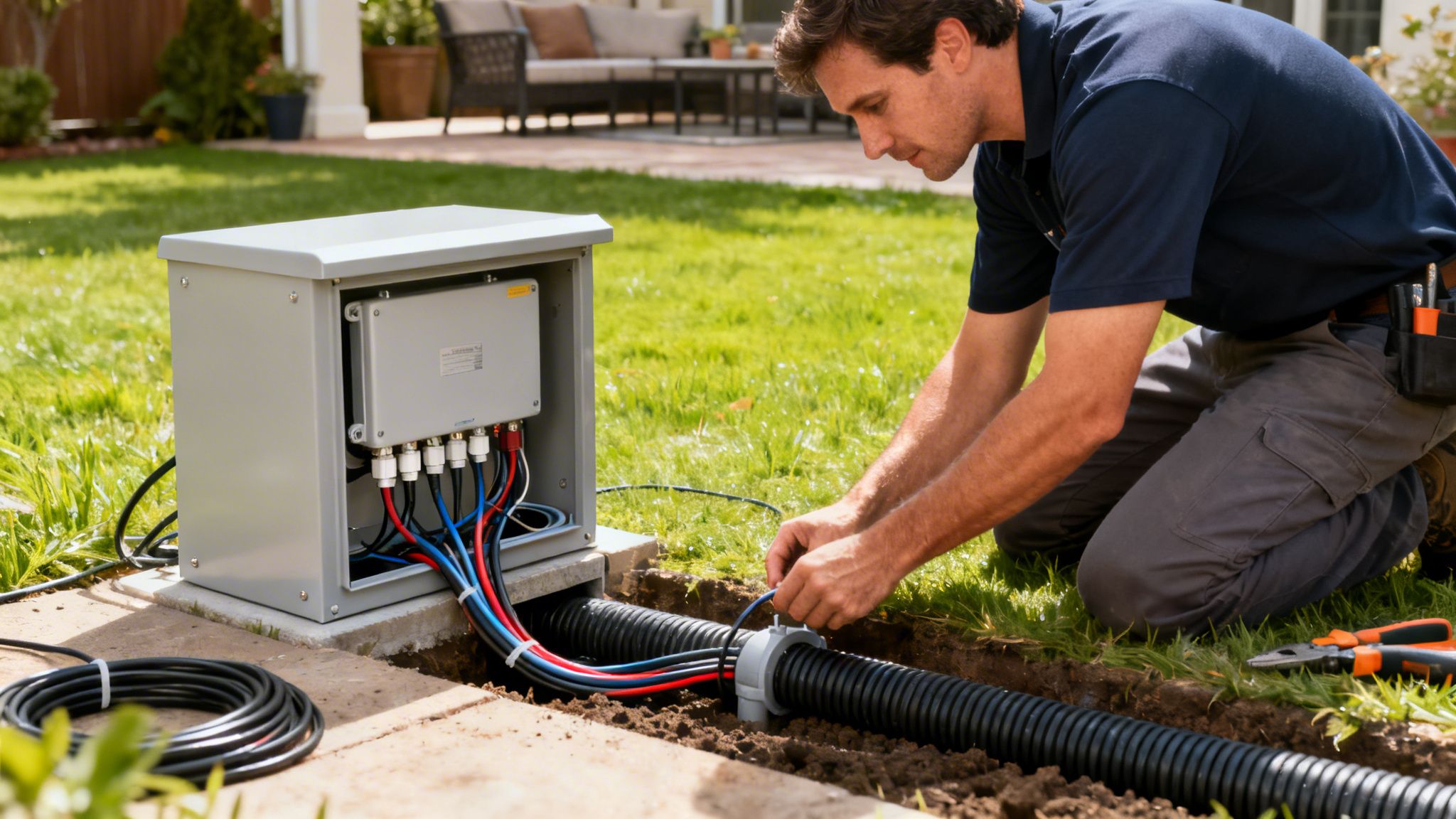 A man connecting colorful wires to a grey outdoor electrical box next to a buried pipe in a backyard.