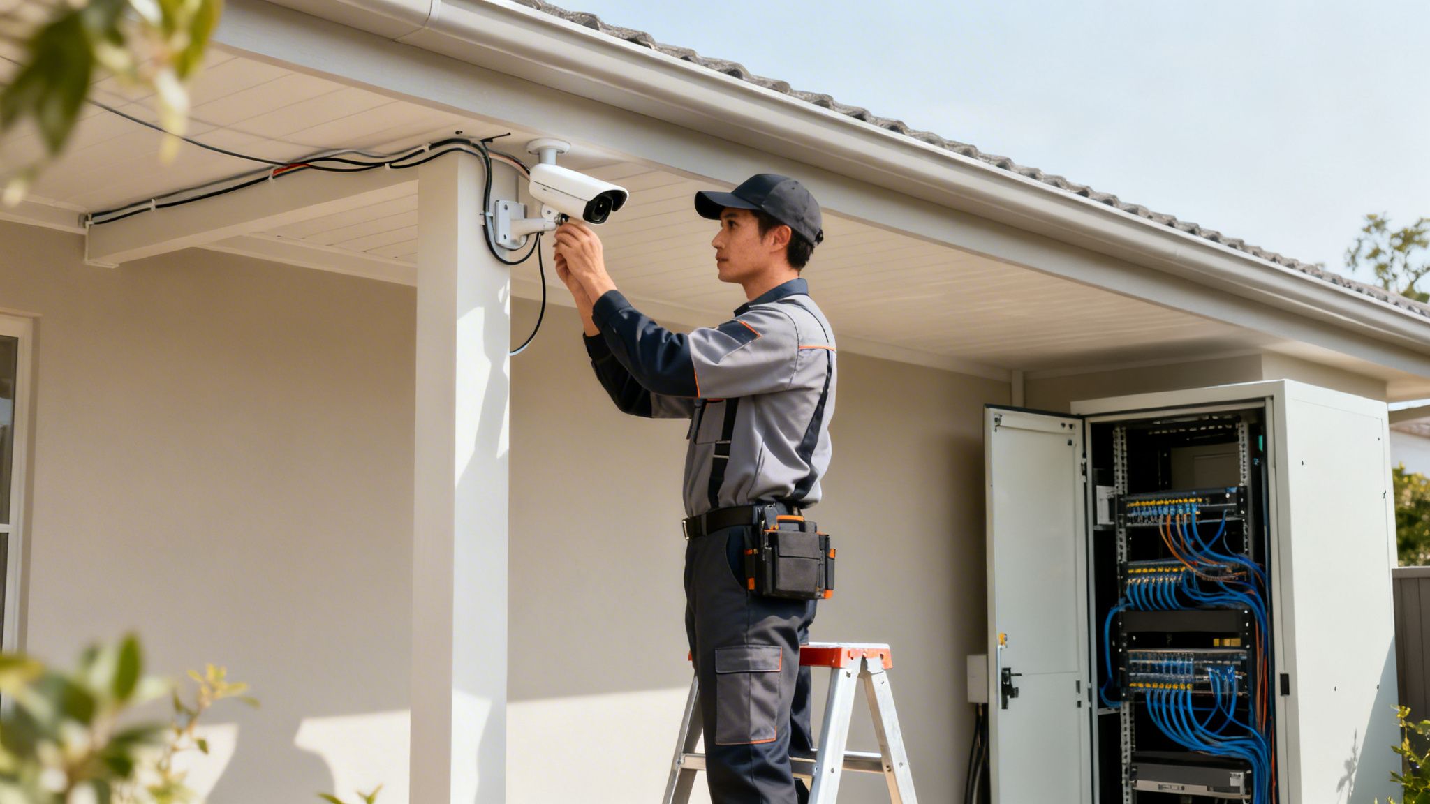 Professional technician installing a white outdoor security camera on a house's exterior.