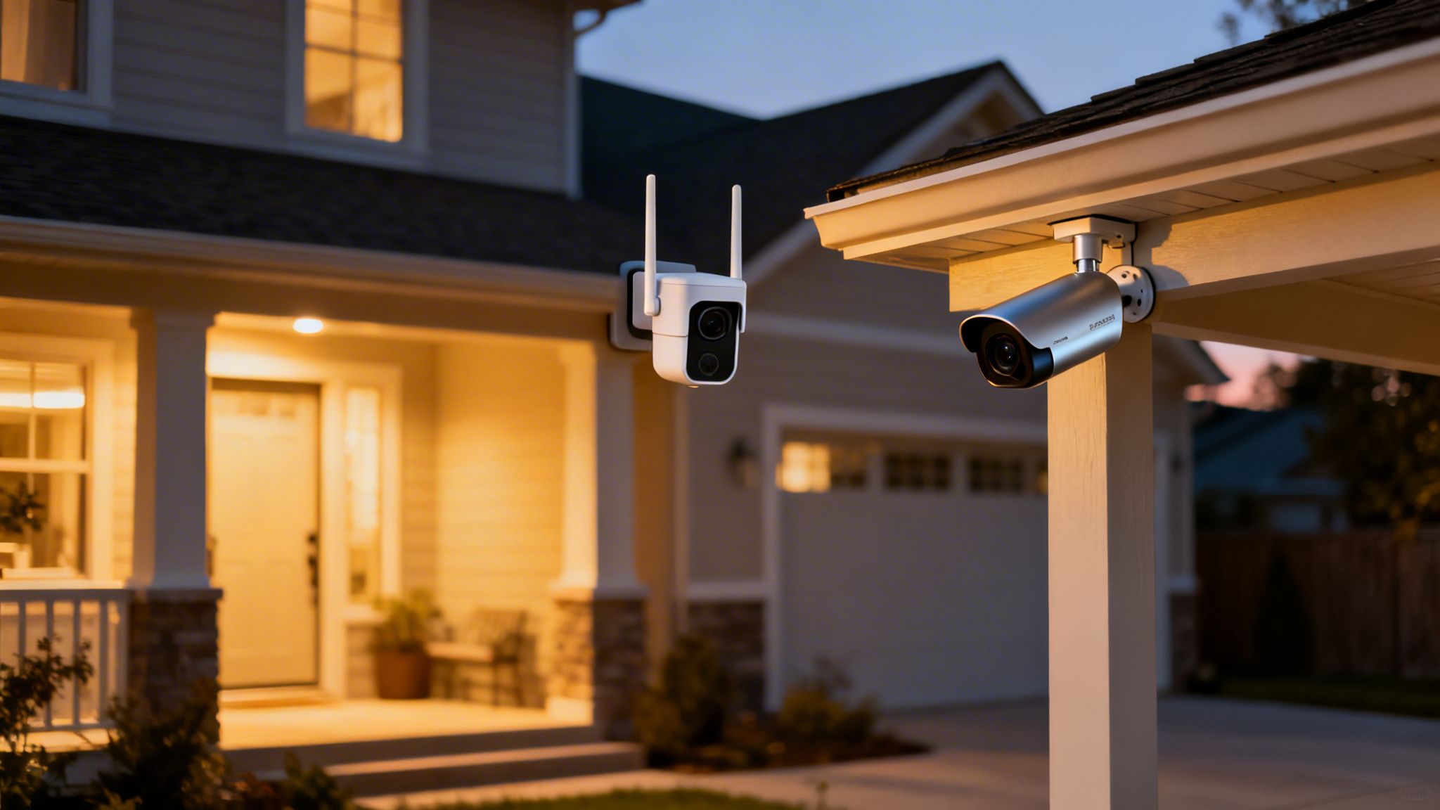 Two outdoor security cameras, one white and one silver, mounted on a modern house at dusk.