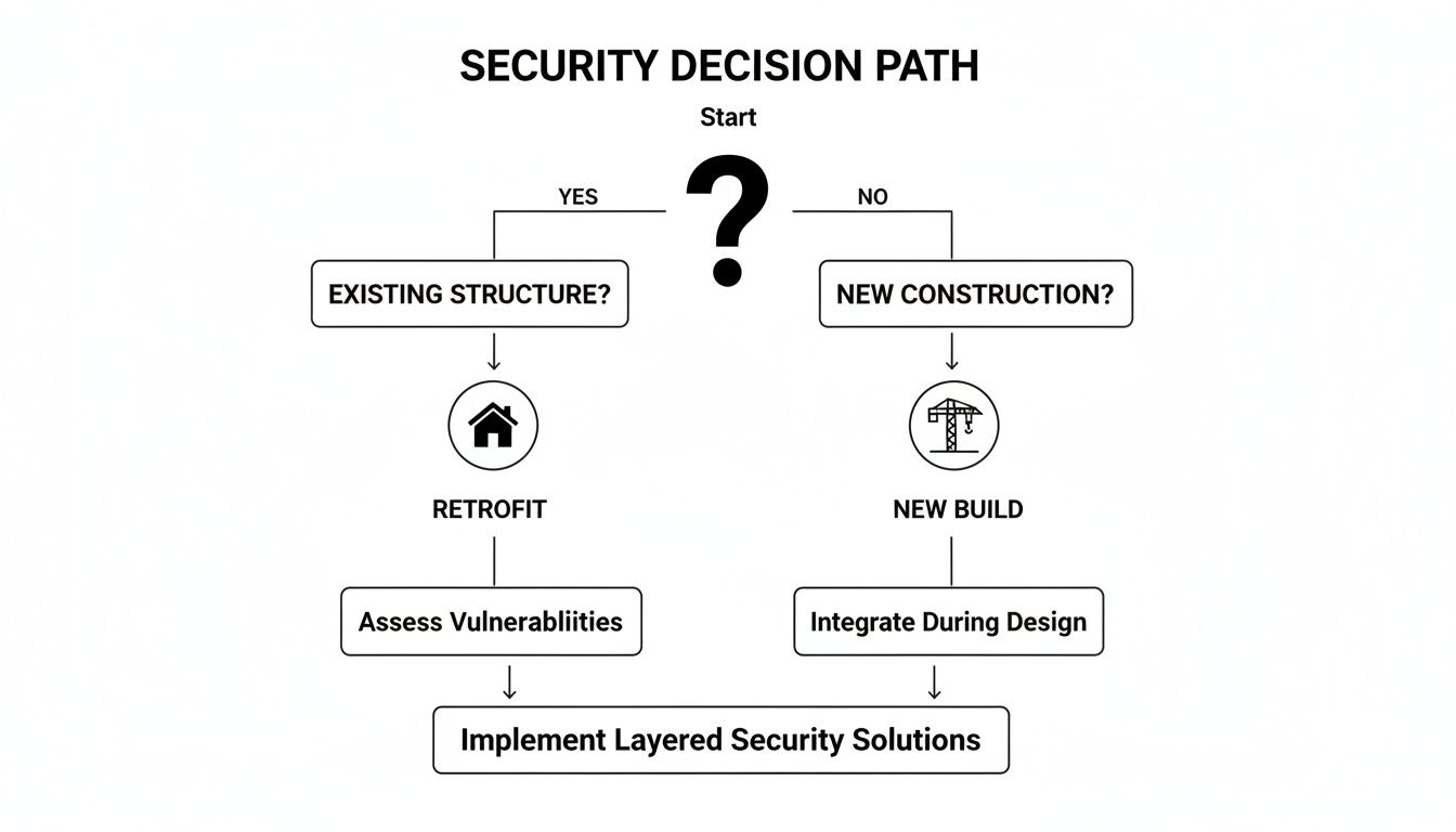 Flowchart illustrating a security decision path for existing structures or new construction leading to layered security solutions.