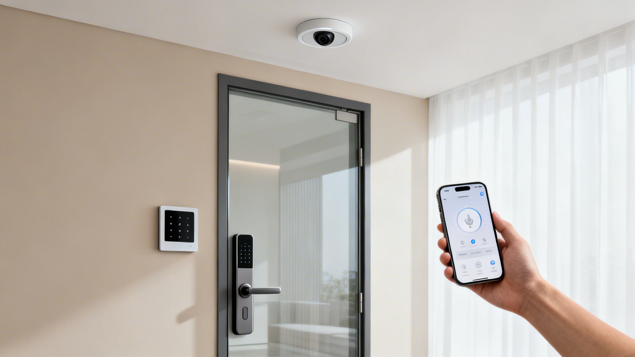 Modern entryway with smart home security camera, keypad, and door lock, controlled via phone app.