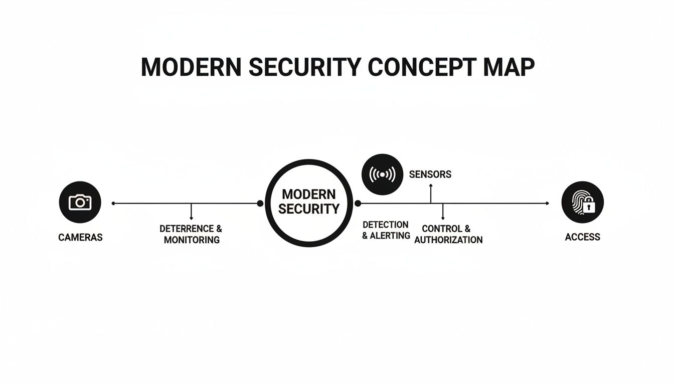 A concept map illustrating modern security systems, showing cameras, sensors, and access control.