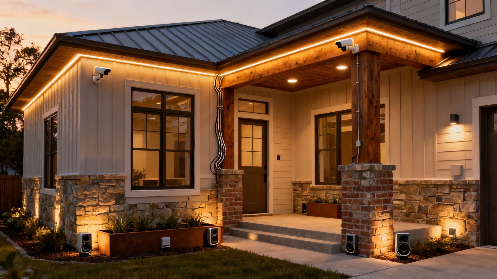 Modern smart home exterior at dusk with security cameras, LED lighting, and outdoor speakers.