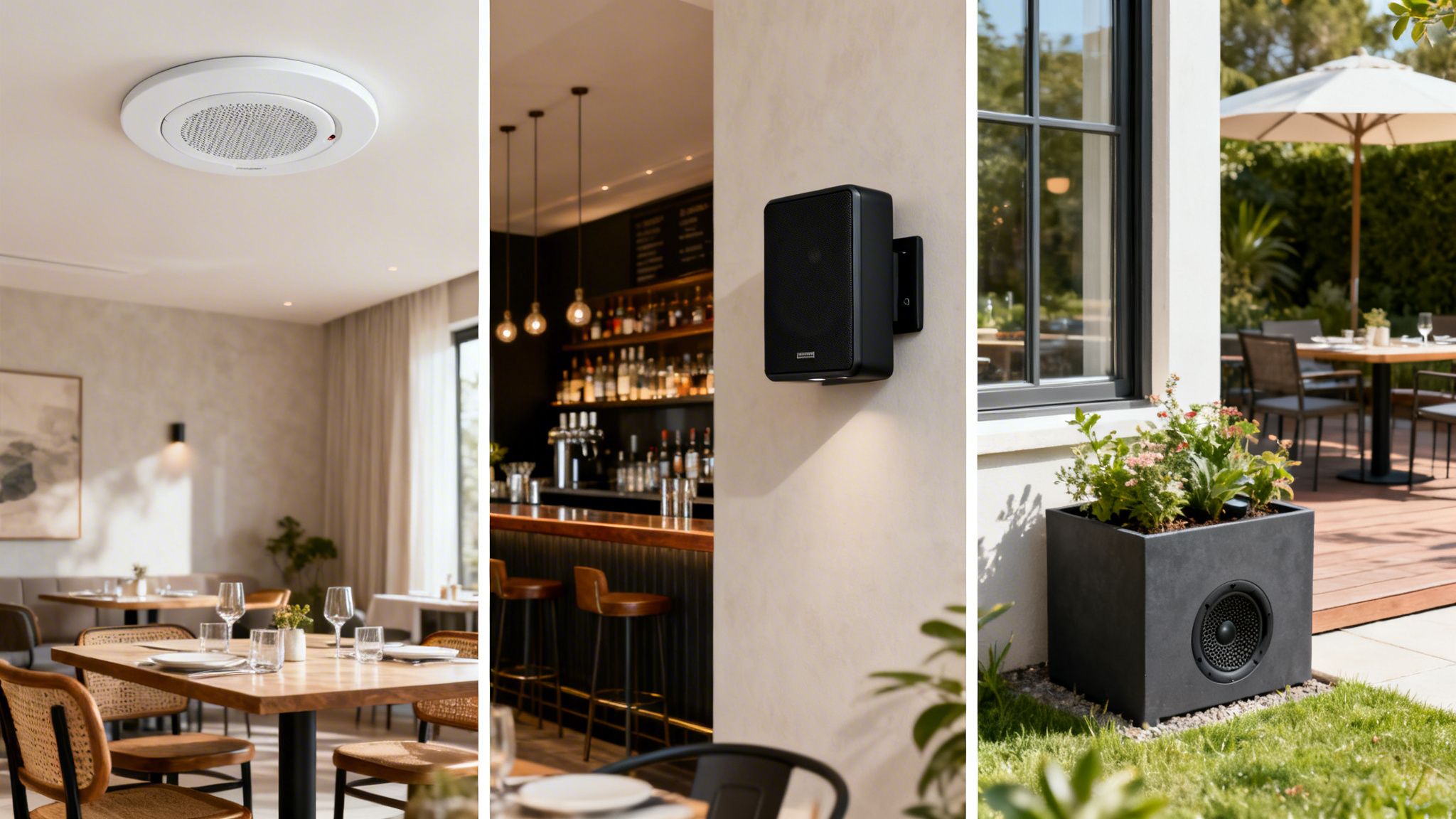 Diverse commercial audio systems in a modern restaurant: ceiling, wall-mounted, and outdoor planter speakers.