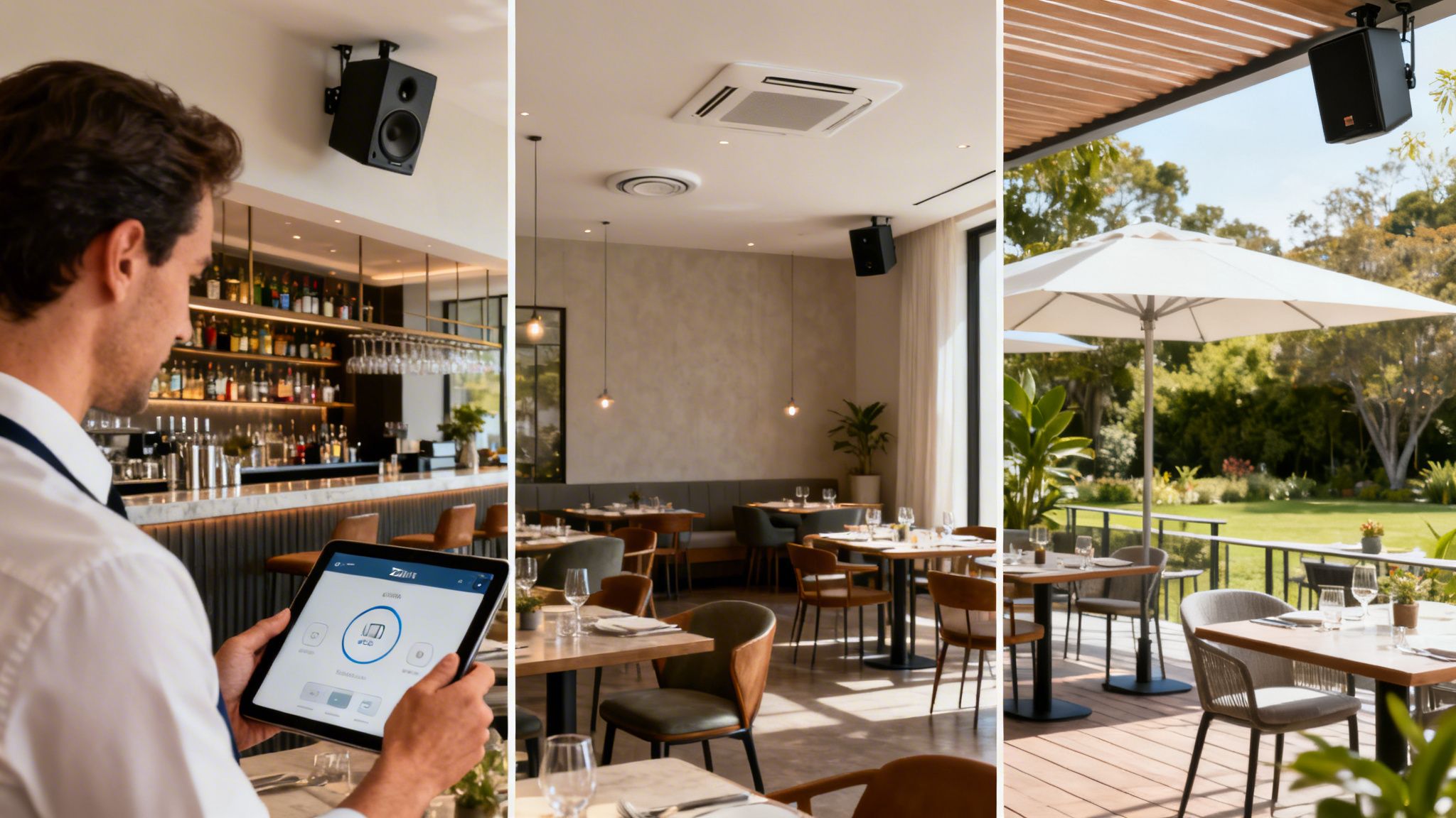 A man controls commercial audio systems in a modern restaurant and outdoor patio using a tablet.