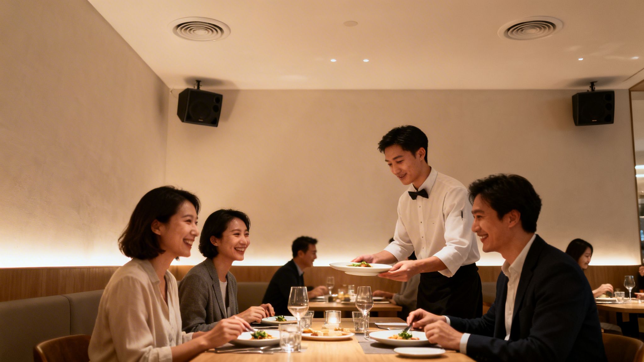 Waiter serving food to smiling customers in a modern restaurant with ceiling speakers.