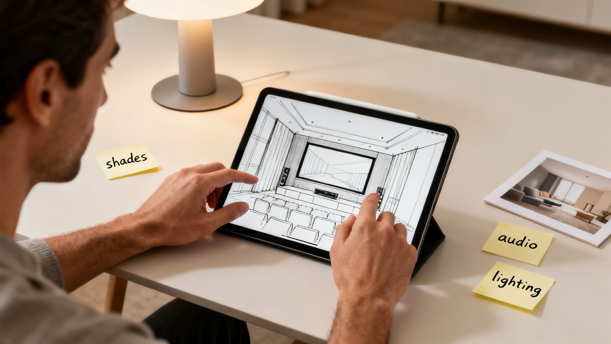 A person designing a home theater on a tablet, with notes for shades, audio, and lighting.