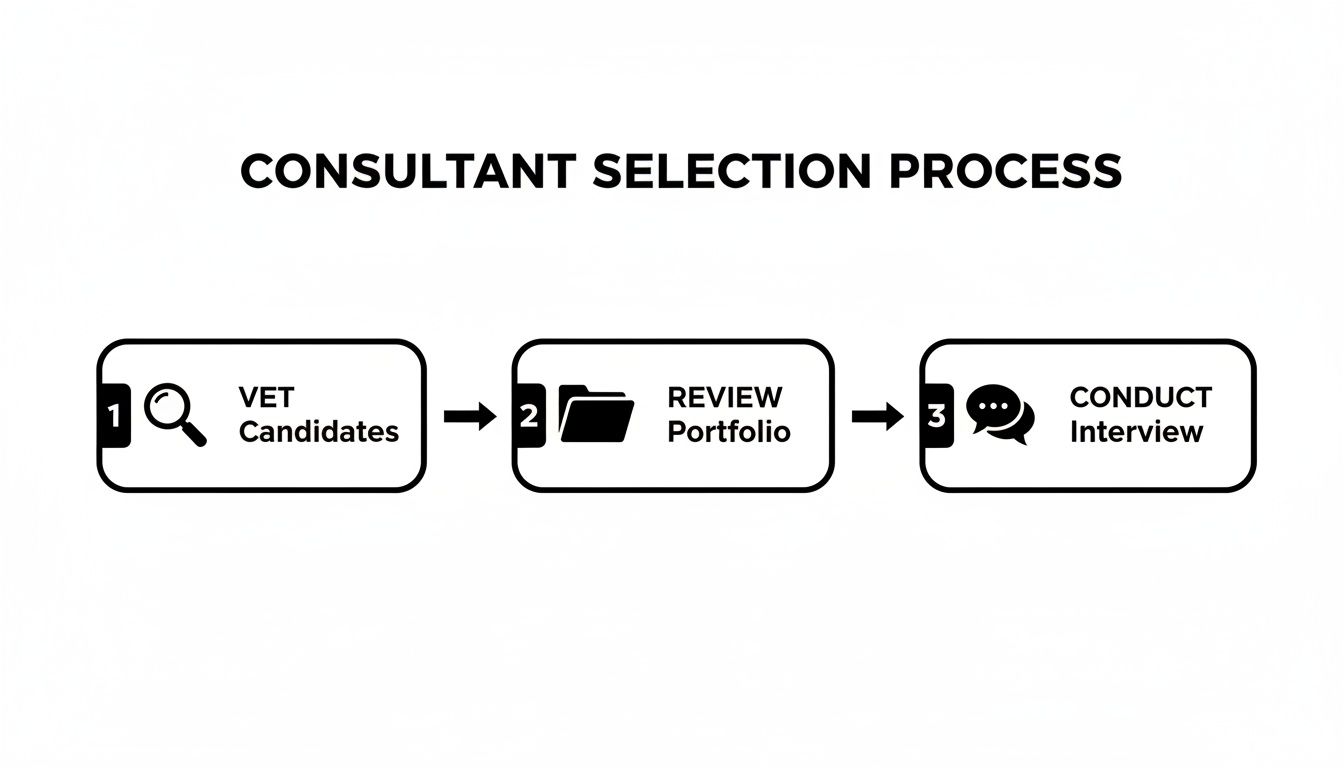 A three-step flowchart illustrating the consultant selection process: vet candidates, review portfolio, and conduct interview.