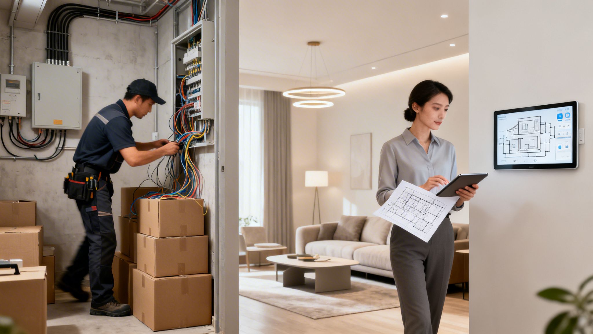 An electrician installs wires while a consultant manages smart home systems with a tablet.