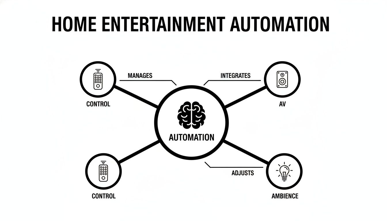 Diagram illustrating home entertainment automation managing control, integrating AV systems, and adjusting ambiance.
