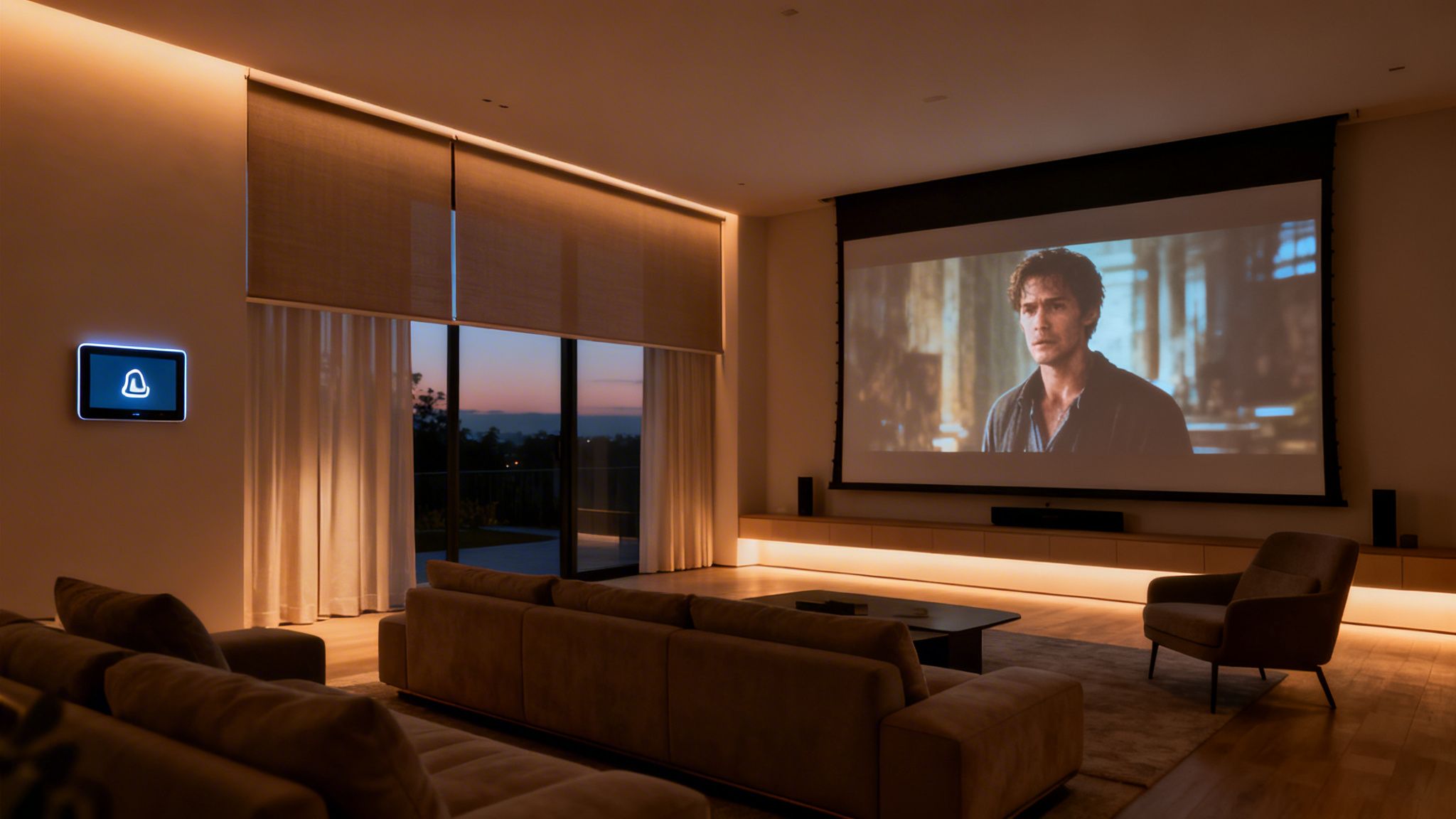 Cozy home theater at dusk with a movie on a projector screen, smart home panel, and ambient lighting.