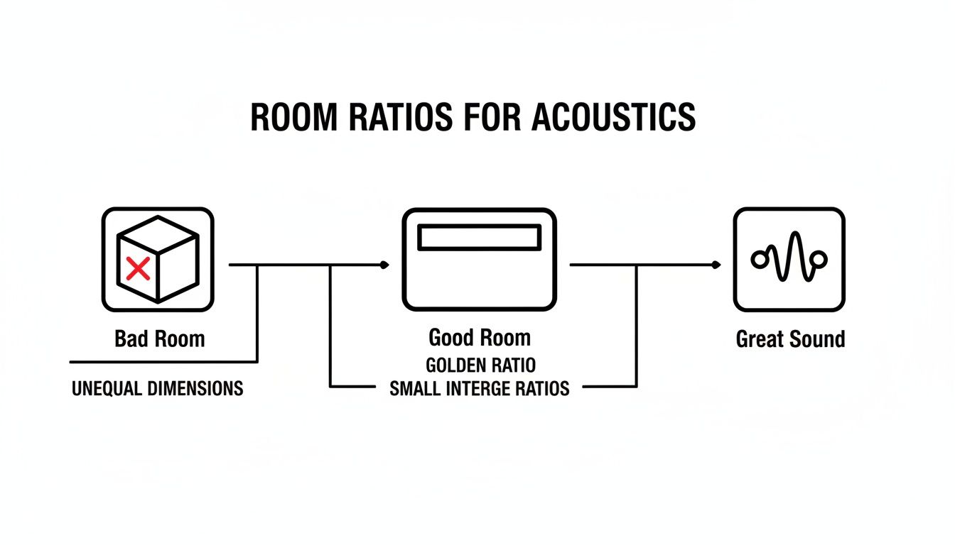 Acoustic room ratios diagram showing how good room dimensions lead to great sound, and bad rooms to poor sound.