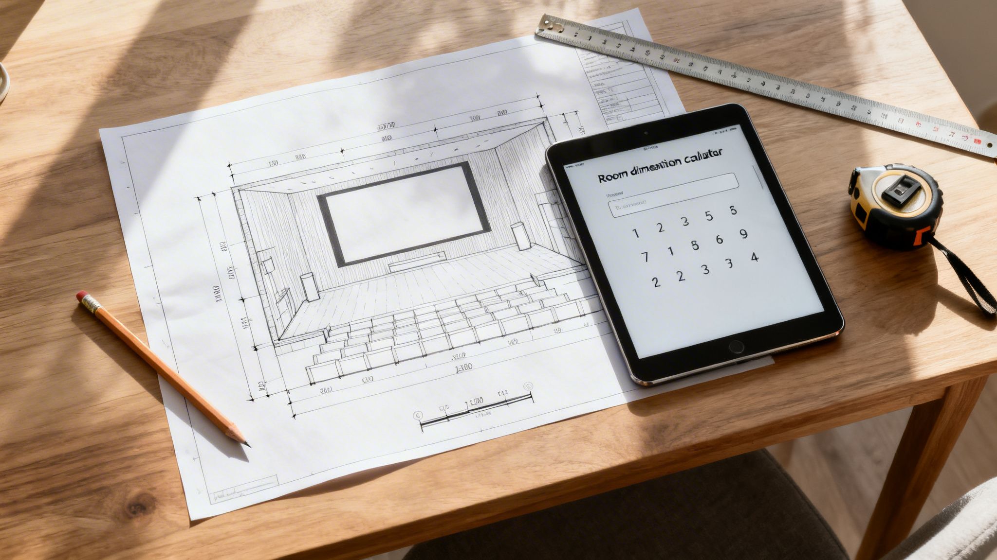A flat lay shows a home theater room blueprint, a tablet with a dimension calculator, and measuring tools on a wooden desk.