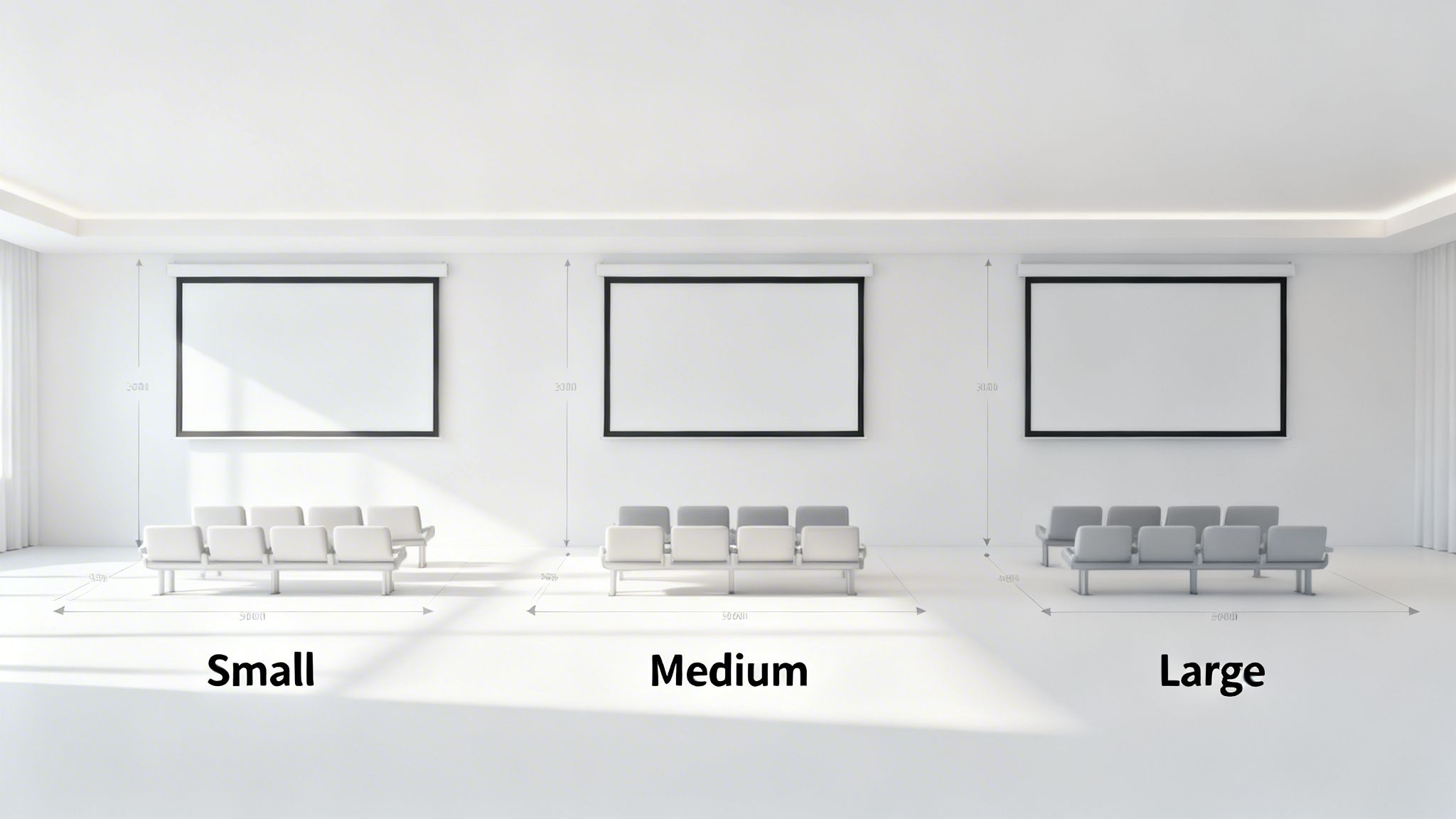 Three white rooms demonstrating small, medium, and large home theater or waiting room setups with seating and projector screen dimensions.