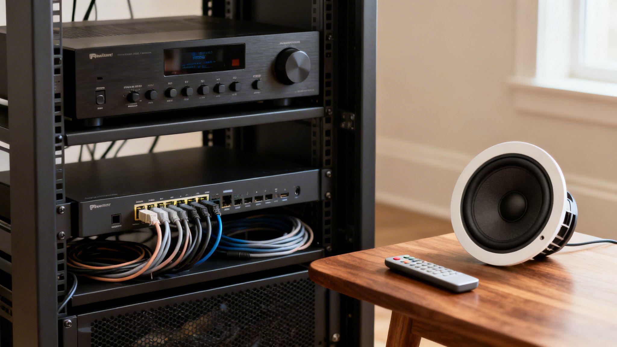 A home sound system installation featuring an amplifier, network switch, in-ceiling speaker, and remote control.