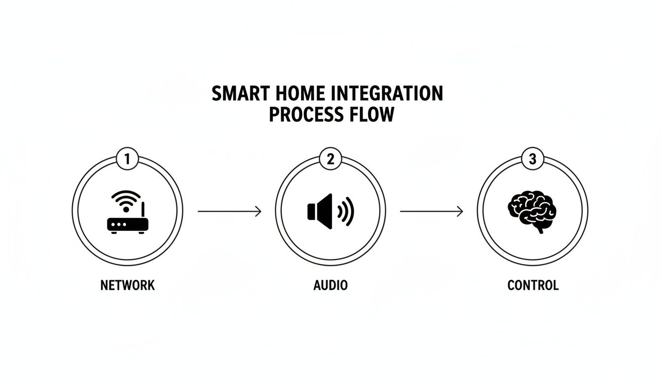 Flowchart illustrating smart home integration process, from network setup to audio and control.