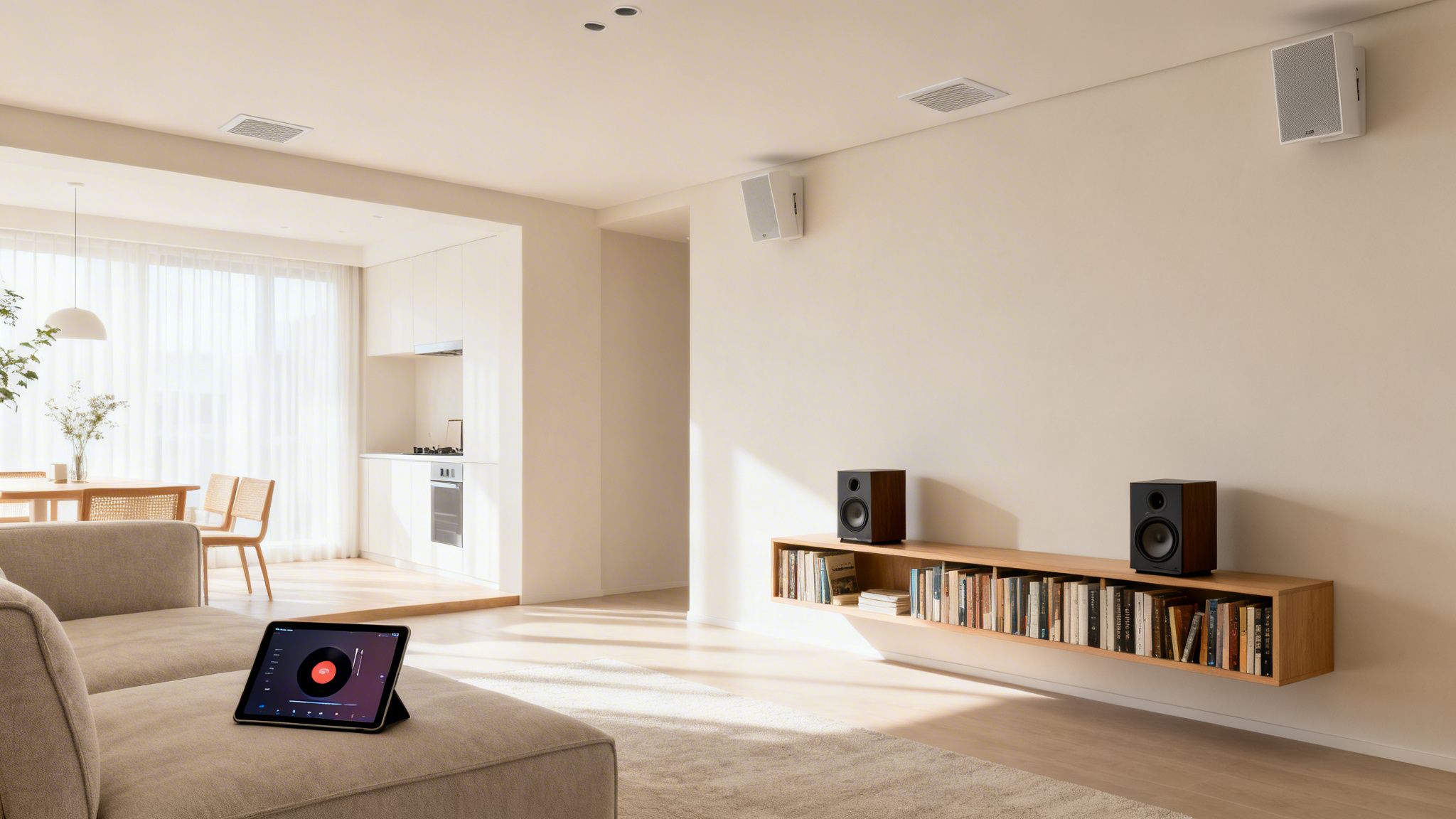 Modern living room with an integrated sound system, featuring bookshelf and wall-mounted speakers.