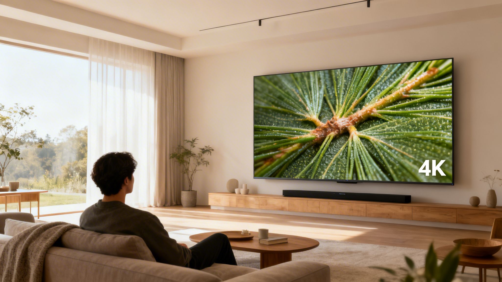 A man watches a large 4K TV displaying a detailed image of pine needles in a modern living room.