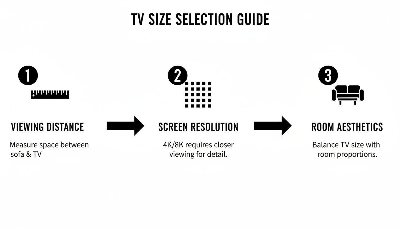 A TV size selection guide with three steps: viewing distance, screen resolution, and room aesthetics.