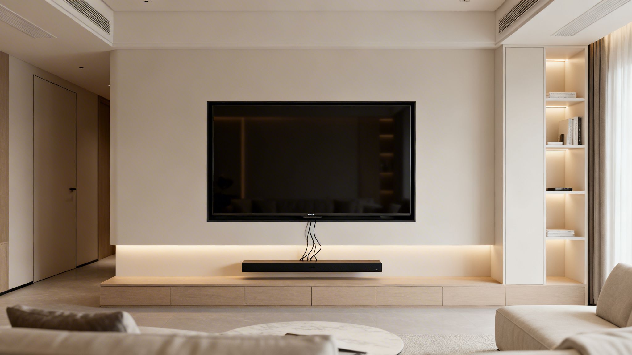A minimalist living room features a large television mounted above a wooden console and soundbar, with illuminated shelving.