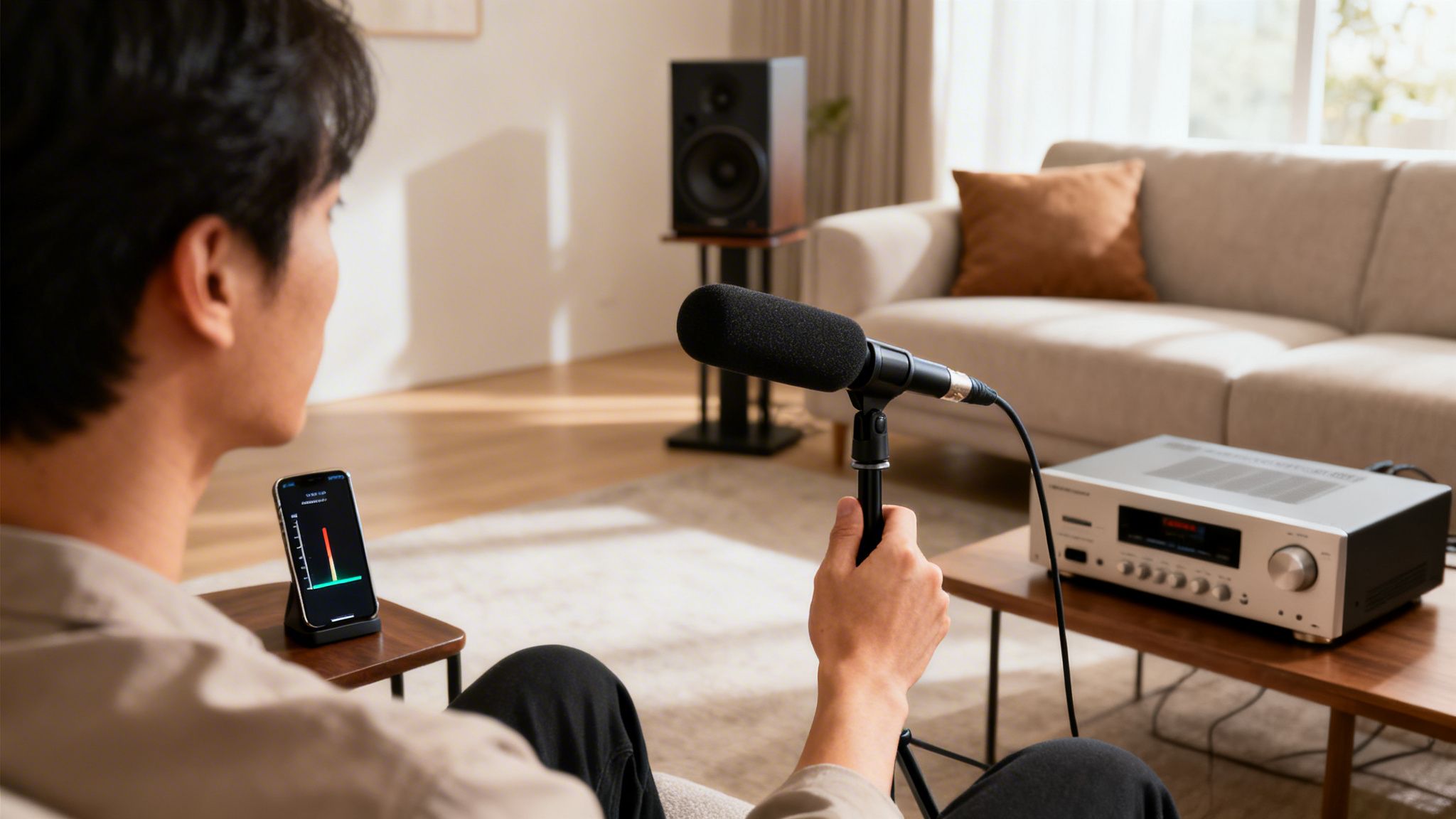 A person holds a microphone, monitoring audio levels on a smartphone in a home recording setup.