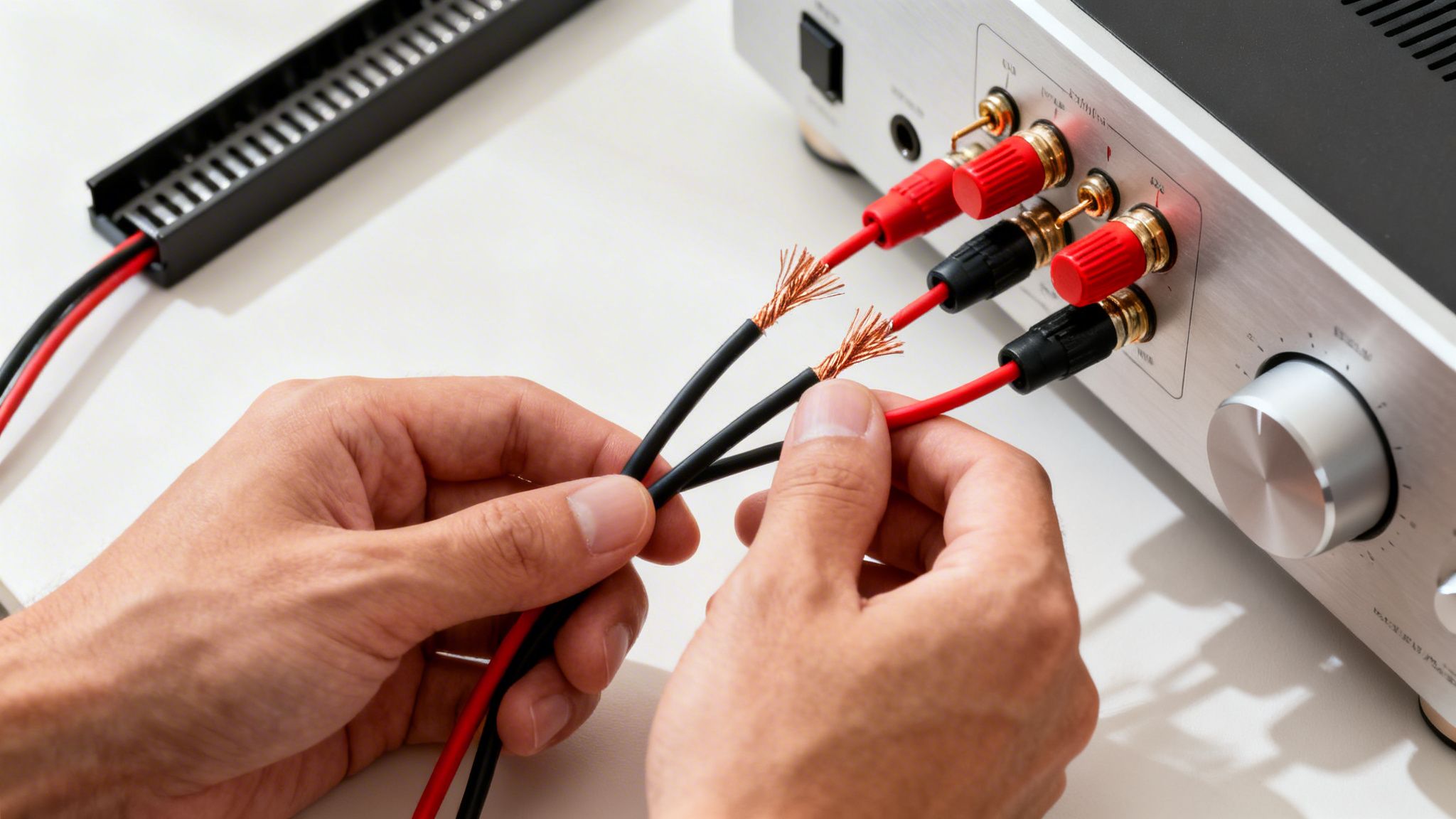Hands connecting bare red and black speaker wires to an audio amplifier's terminals.