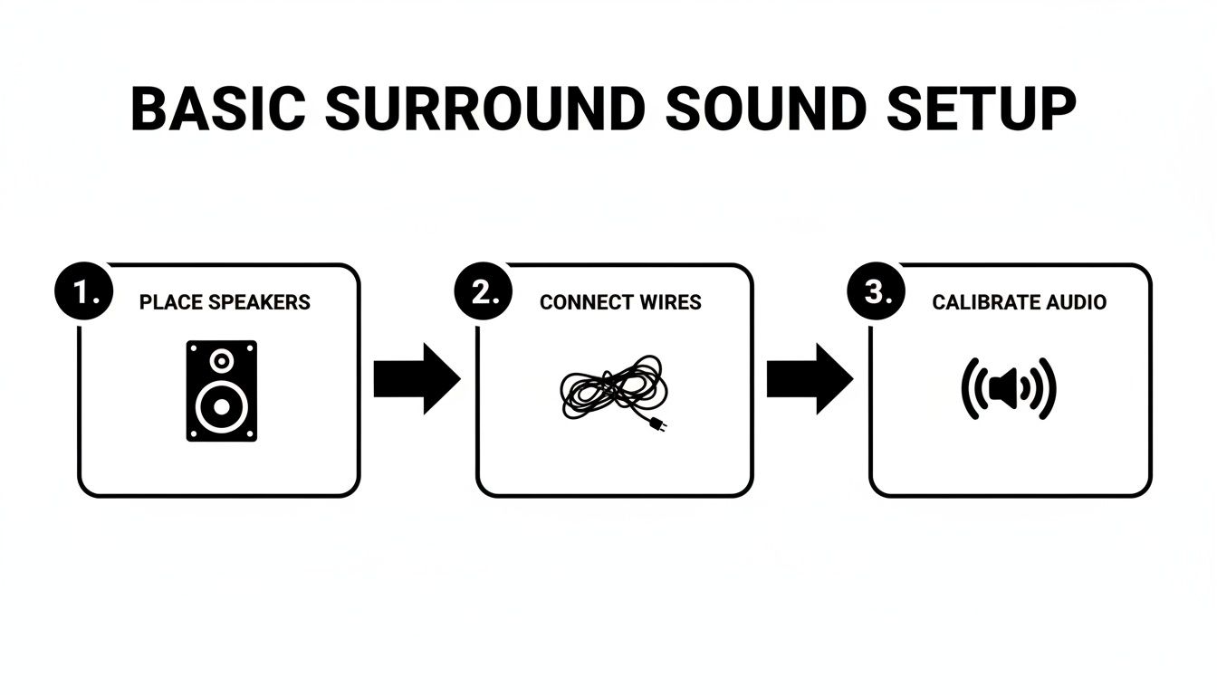 A three-step guide showing how to set up basic surround sound speakers: place, connect, and calibrate audio.