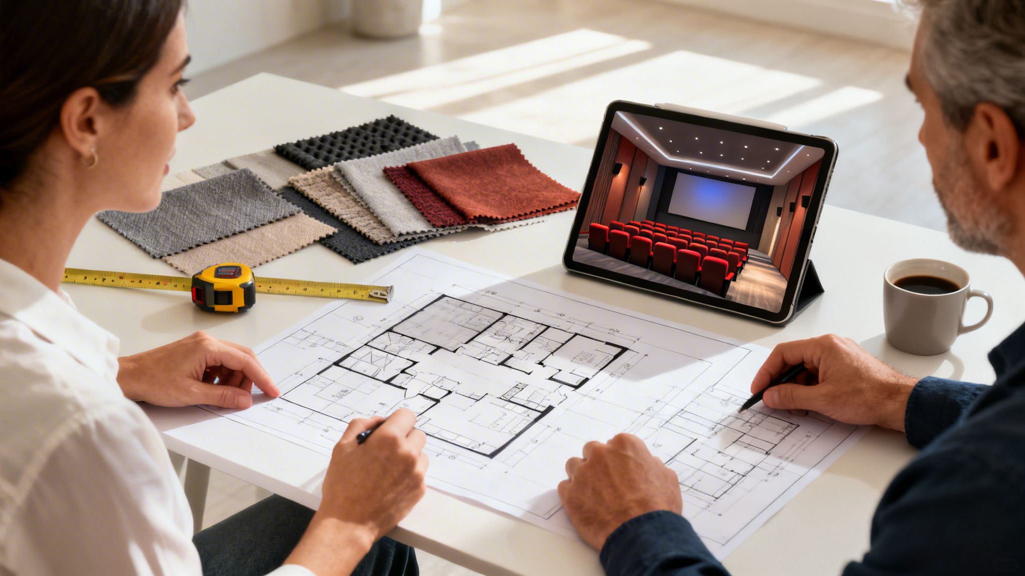 Two architects collaborate on home cinema plans, viewing fabric samples and a 3D rendering on a tablet.