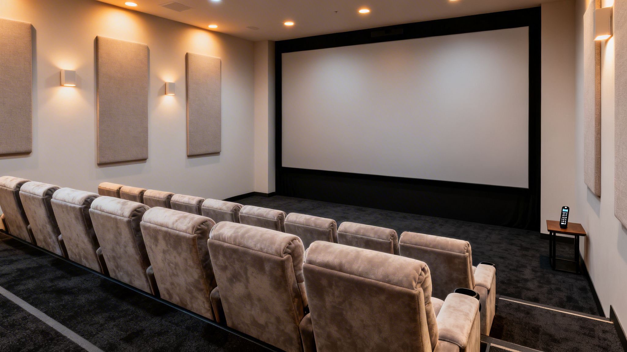 A luxurious home cinema with multiple rows of plush recliners, a large screen, and wall panels.