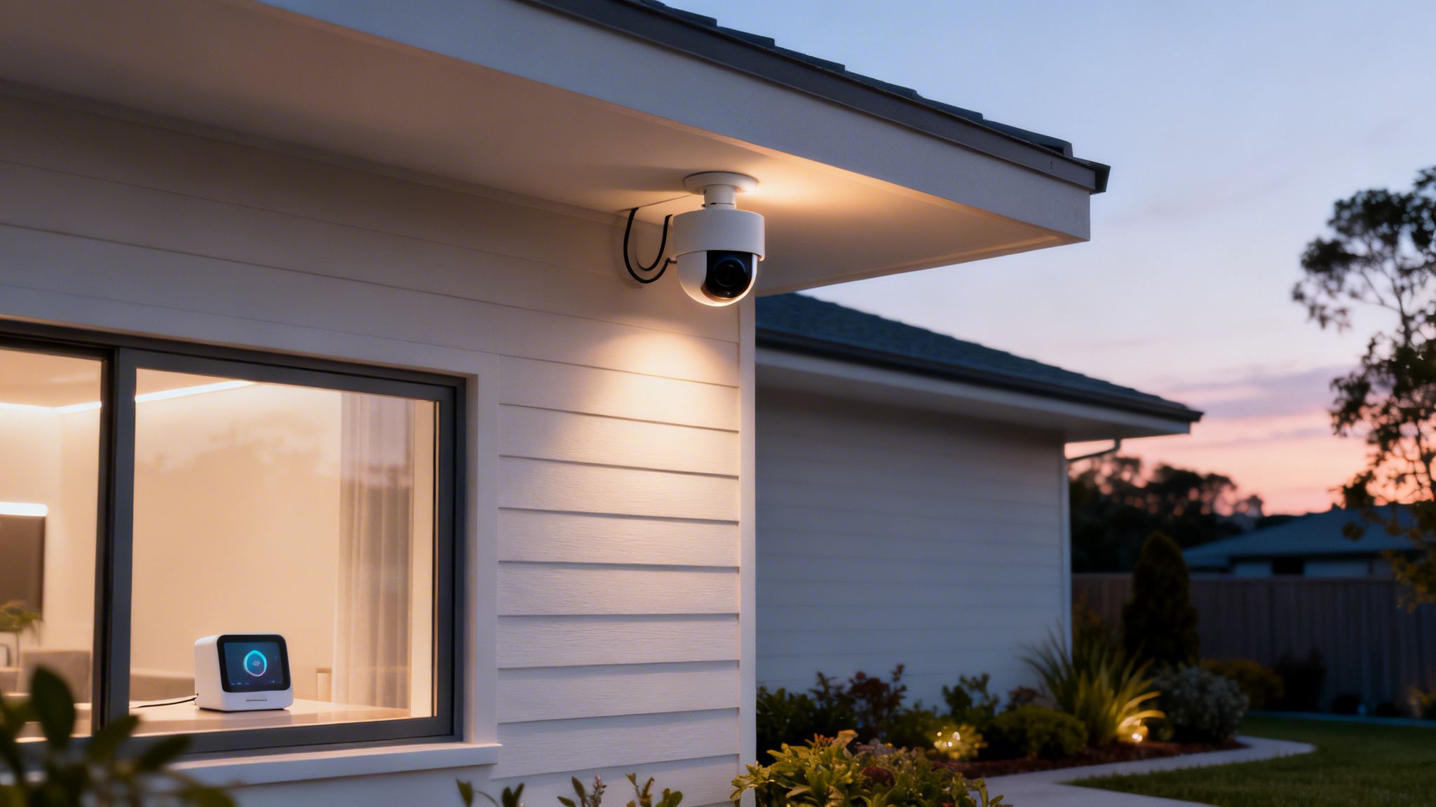 A smart security camera mounted on a white house at dusk, with a smart display inside a window.