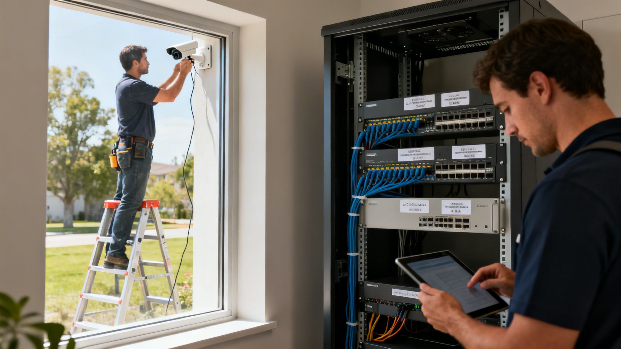 Two technicians installing and configuring a security camera system with a server rack and tablet.