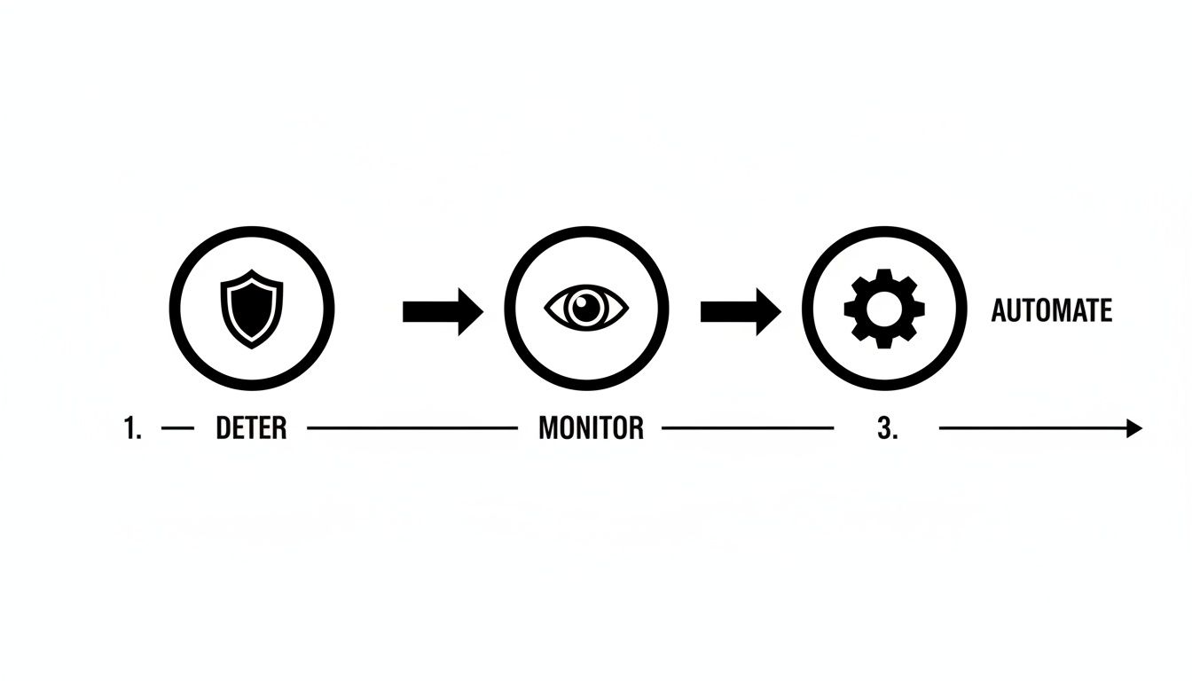 A three-step diagram showing deter with a shield, monitor with an eye, and automate with a gear icon.