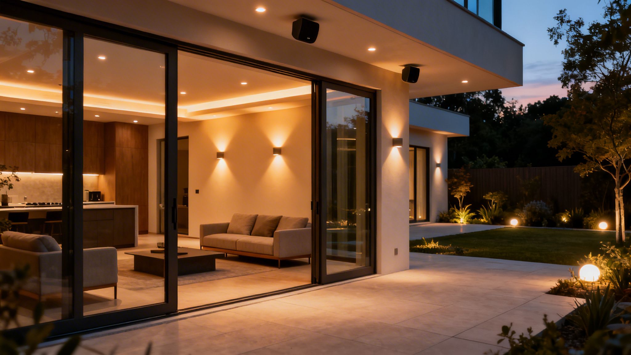 A modern smart home with illuminated interior and exterior, featuring a patio and garden at dusk.