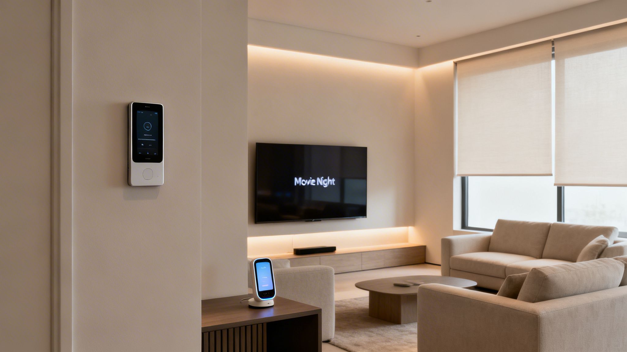 Modern living room featuring smart home devices, a wall-mounted control panel, and a TV displaying 'Movie Night'.