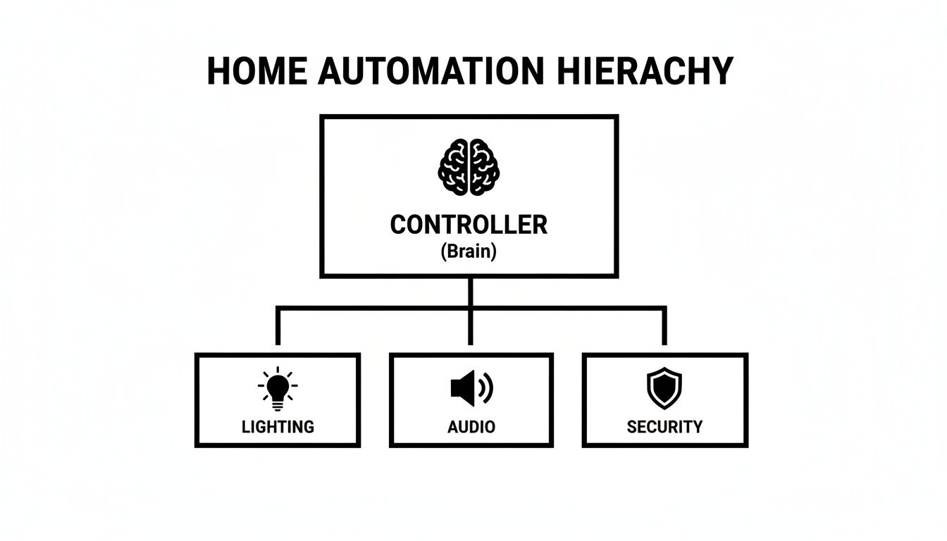 A diagram illustrating the hierarchy of a home automation system with a central controller (brain) linked to lighting, audio, and security.