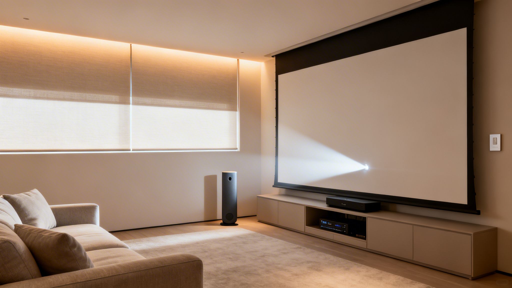 A modern home theater room featuring a large projector screen, comfortable sofa, and smart home controls.