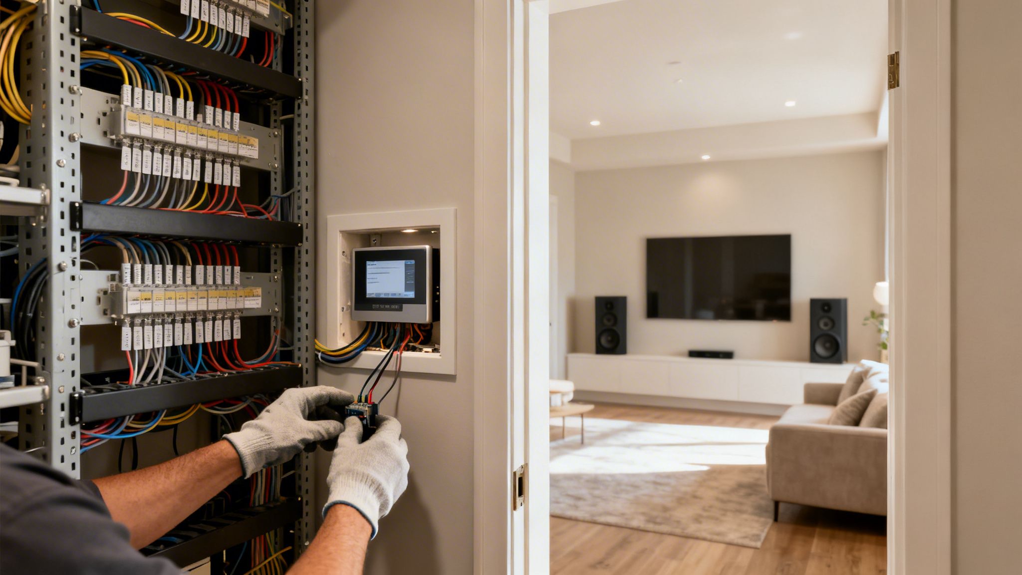 An electrician installs a smart home automation system and electrical panel, with a modern living room.