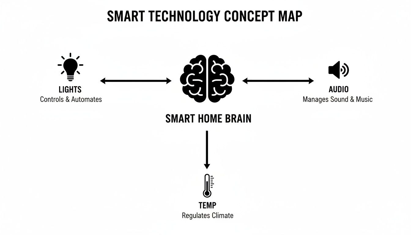 A smart technology concept map illustrating a smart home brain controlling lights, audio, and temperature.