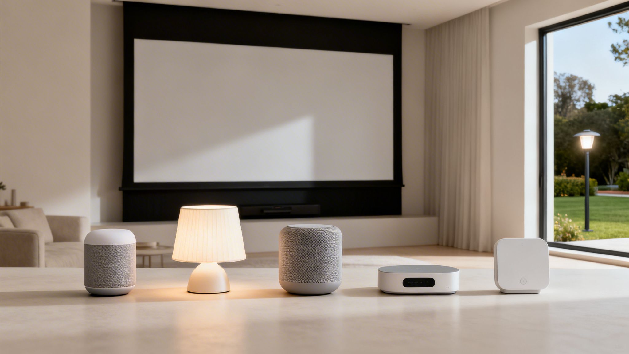 A collection of smart home devices on a counter in a modern living room with a large screen.