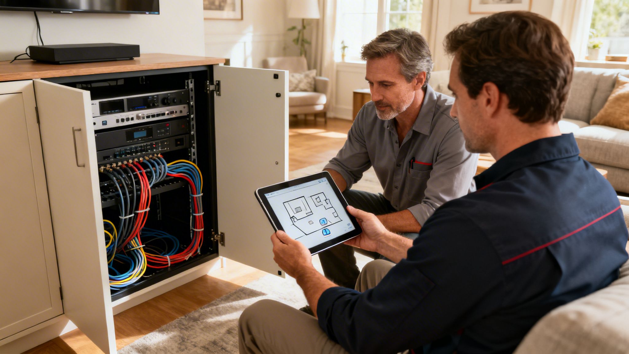 Two men review a smart home layout on a tablet next to an open media cabinet with cables.