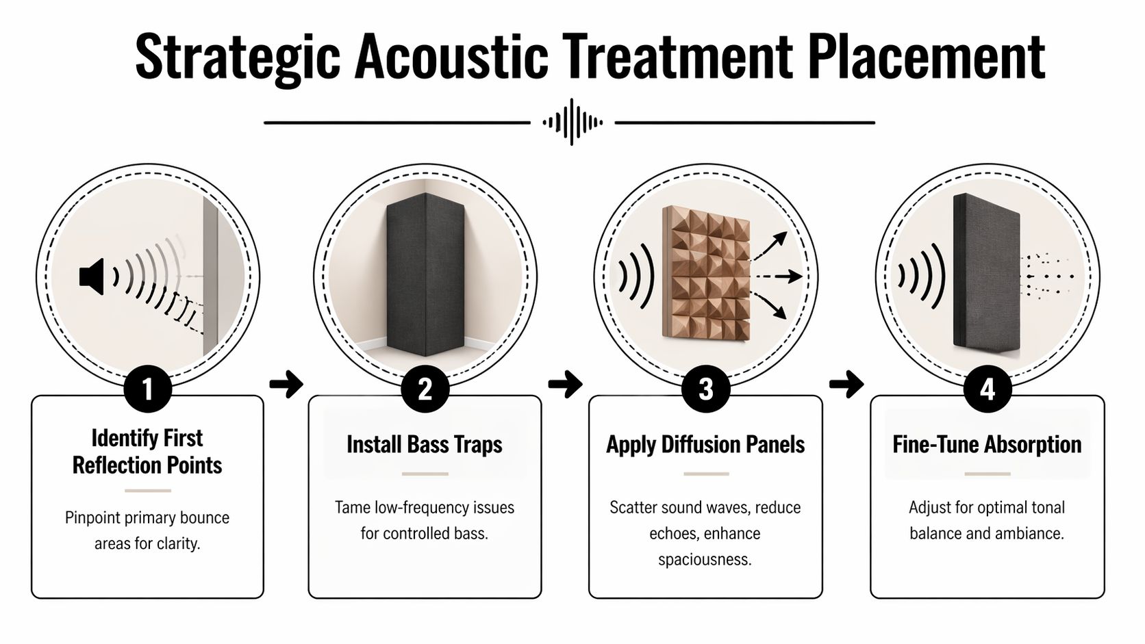 An infographic showing four steps for strategic acoustic treatment placement for home theaters and recording studios.