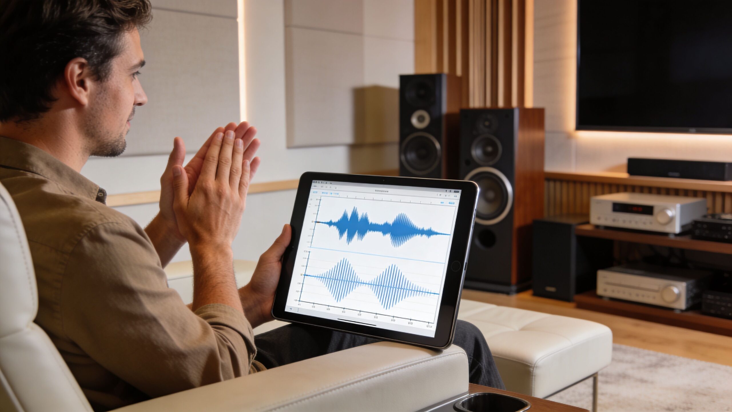 A man sits in a home theater setting, reviewing audio waveform data on a tablet device.
