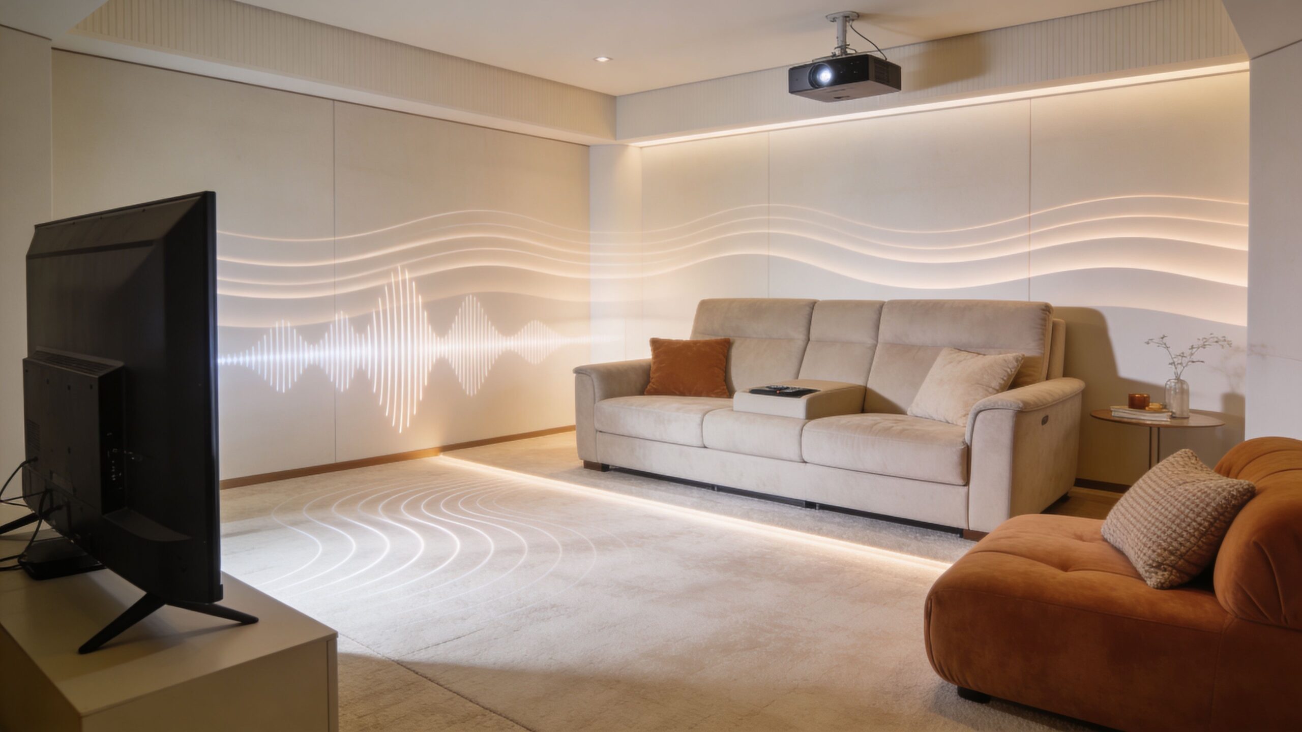 A modern home theater room featuring a comfortable couch, TV, and artistic sound wave wall lighting.