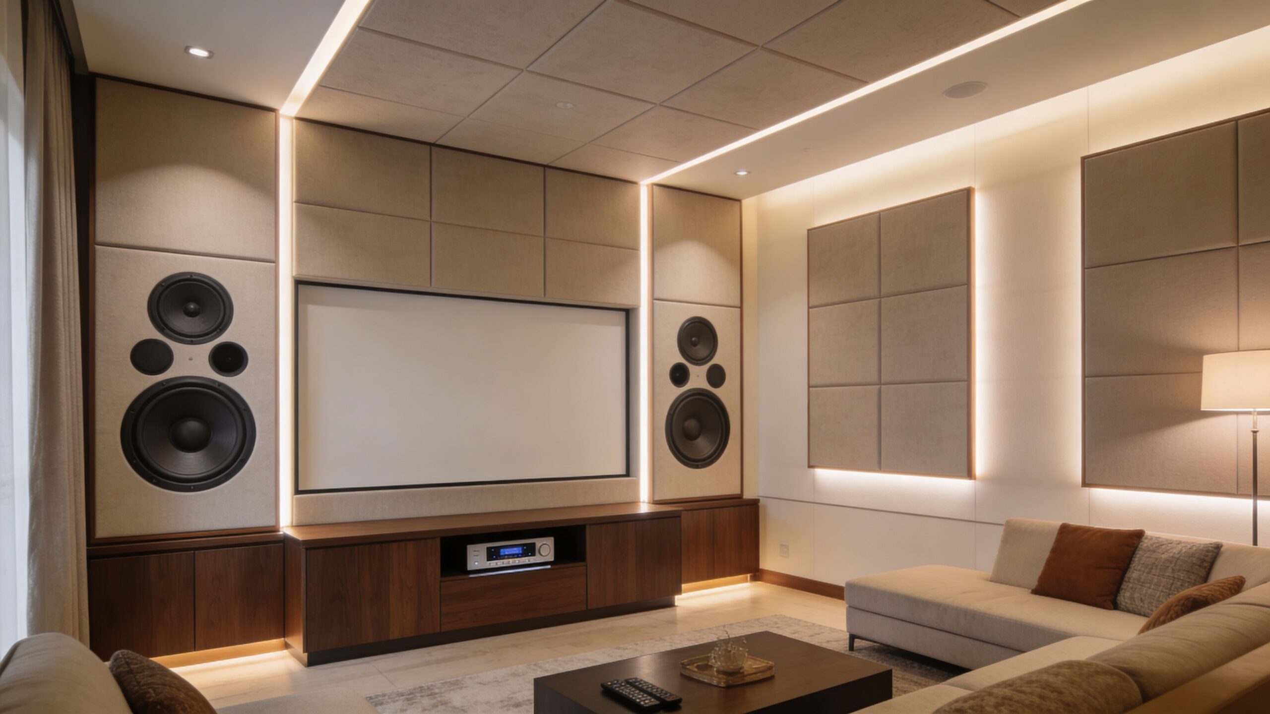 A modern, sophisticated home theater room with acoustic wall panels, large integrated speakers, and comfortable lounge seating.