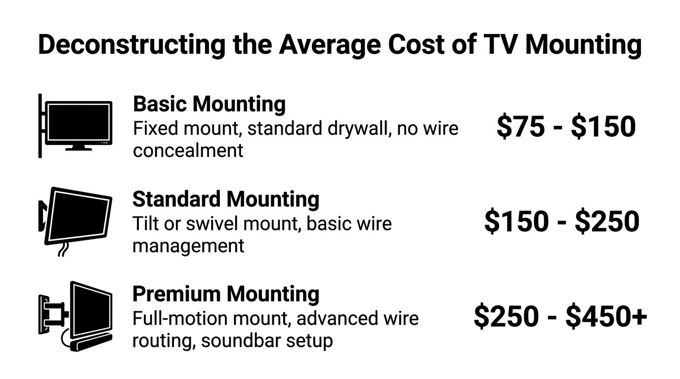 A chart showing the cost breakdown for three tiers of professional television mounting services.